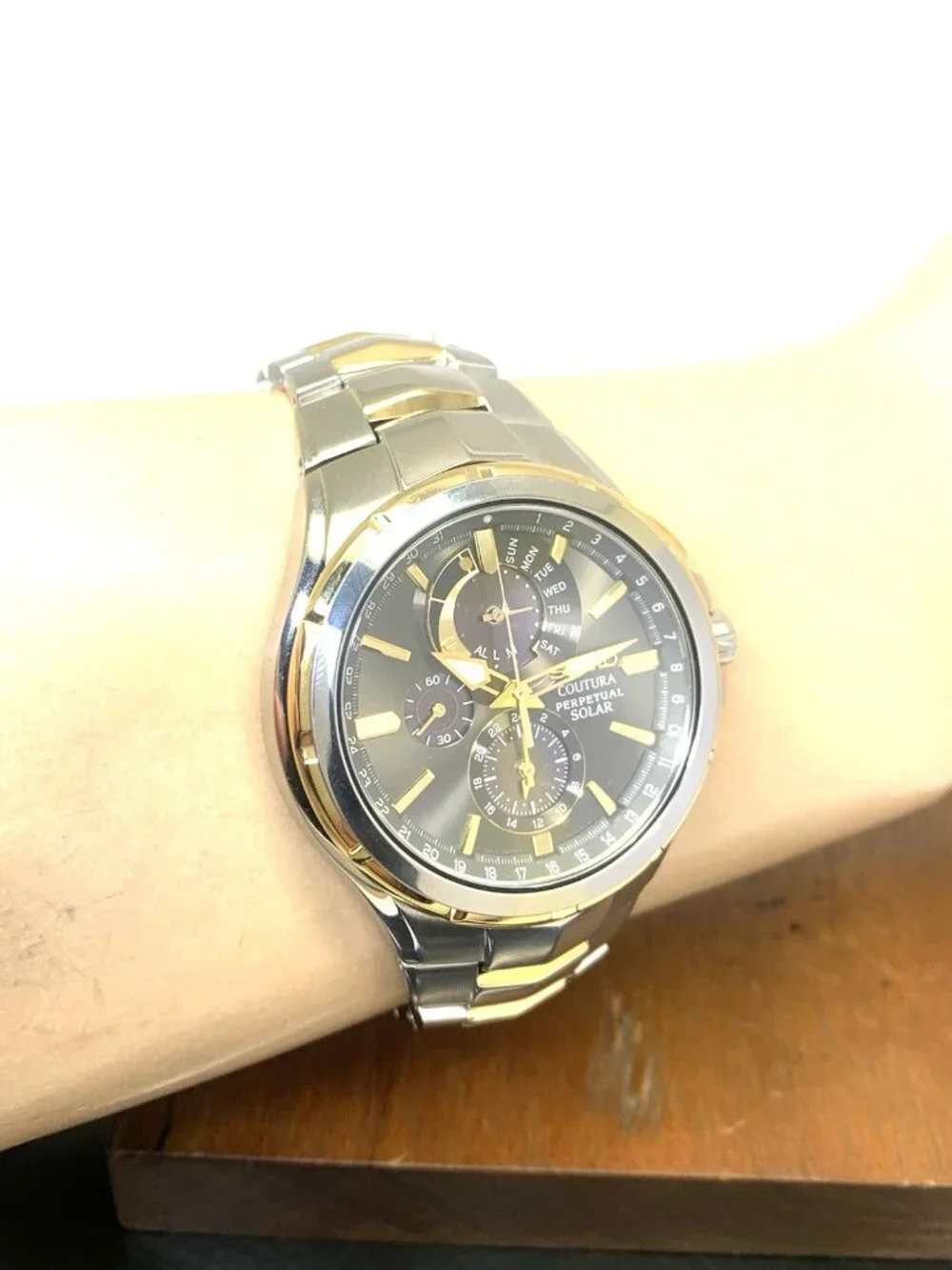 Seiko Men's Watch SSC376 Coutura Black Dial Solar Chronograph Two Tone Steel